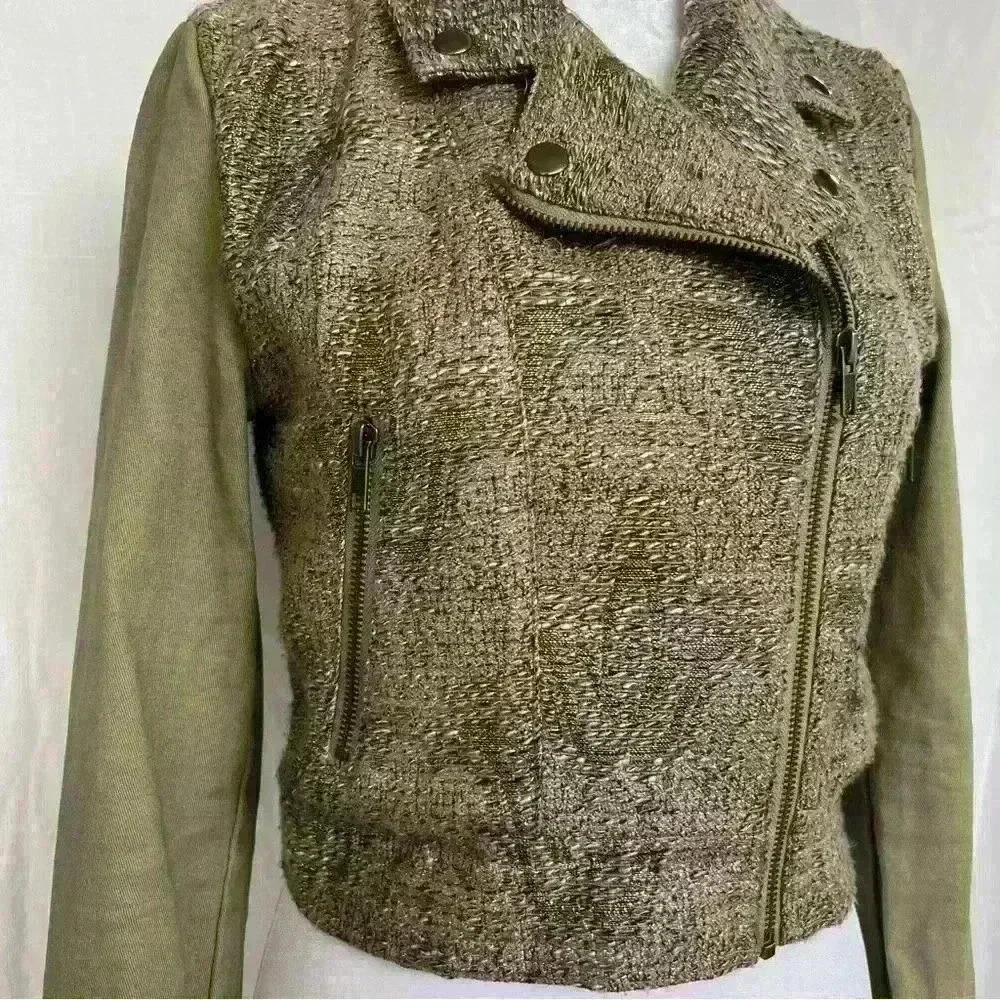 MinkPink olive, tan and metallic lined jacket with zipper detail. - Picture 8 of 16